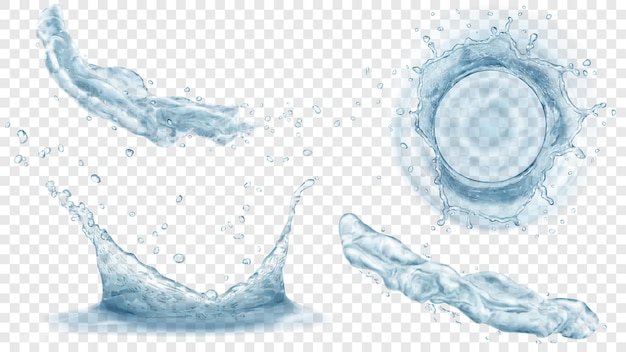 Vektor draufsicht und seitenansicht von durchscheinenden wasserkronen mit tropfen und zwei spritzern oder düsen in grauen farben, einzeln auf transparentem hintergrund. transparenz nur im vektorformat
