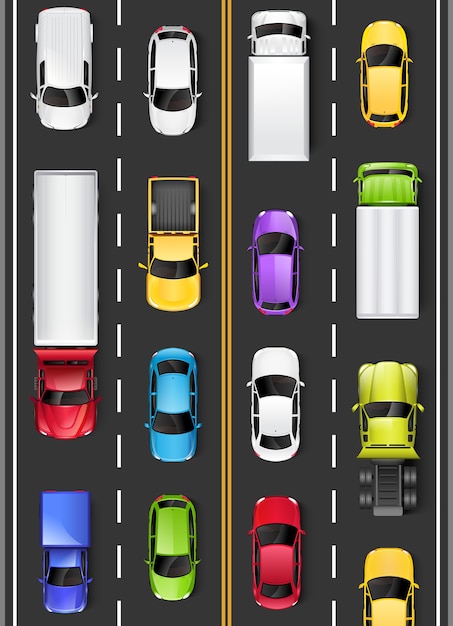 Draufsicht von autos und lastwagen auf der straße. fahren auf der autobahn. illustration