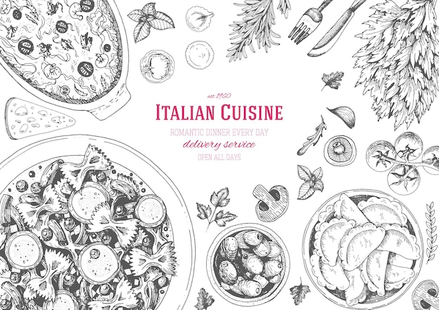 Vektor draufsichtrahmen der italienischen küche. klassische italienische gerichte handgezeichnete skizzenvektorillustration