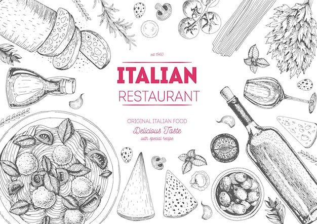 Draufsichtrahmen der italienischen Küche. klassische italienische Gerichte Handgezeichnete Skizzenvektorillustration