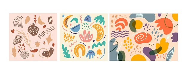 Drei abstrakte hintergründe poster-set farbenfrohe pastellpalette doodle formen flaches design