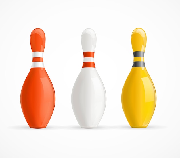 Vektor drei bunte bowling-pins auf einer weißen hintergrund-vektorillustration