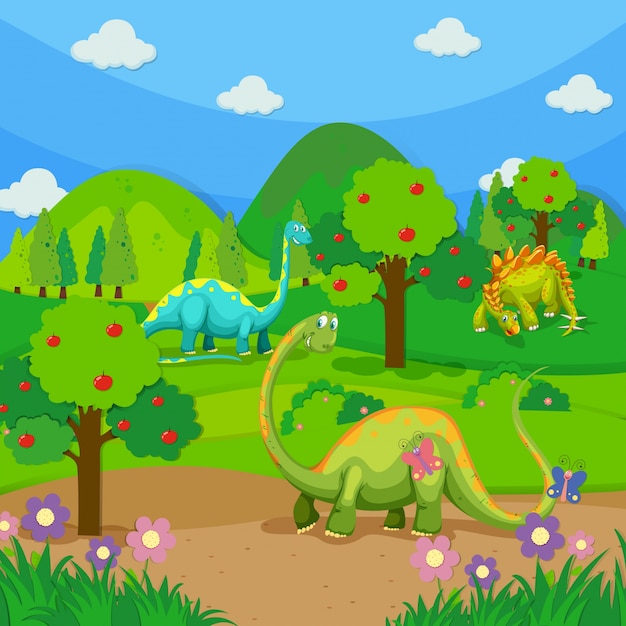 Drei Dinosaurier im Wald
