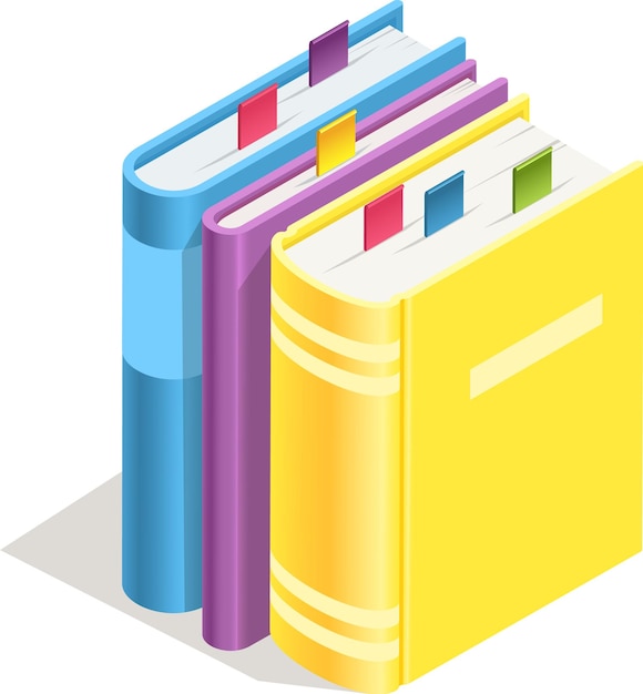 Drei farbenfrohe Bücher blau, lila und gelb stehen aufrecht mit Lesezeichen, die eine isometrische Perspektive auf Organisation und Wissen bieten