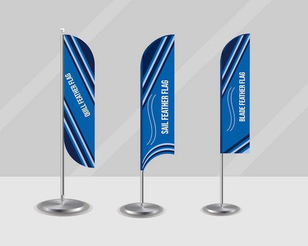 Drei Flaggen-Banner-Identität. Realistisches einheitliches Design-Werbeschild für Federflaggen-Vorlage