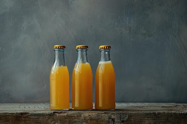 drei Flaschen Orangensaft sitzen auf einem Holztisch