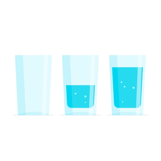 Vektor drei glas wasser. voll, halb und leer. trinke mehr wasser. vektorillustration getrennt auf weiß.