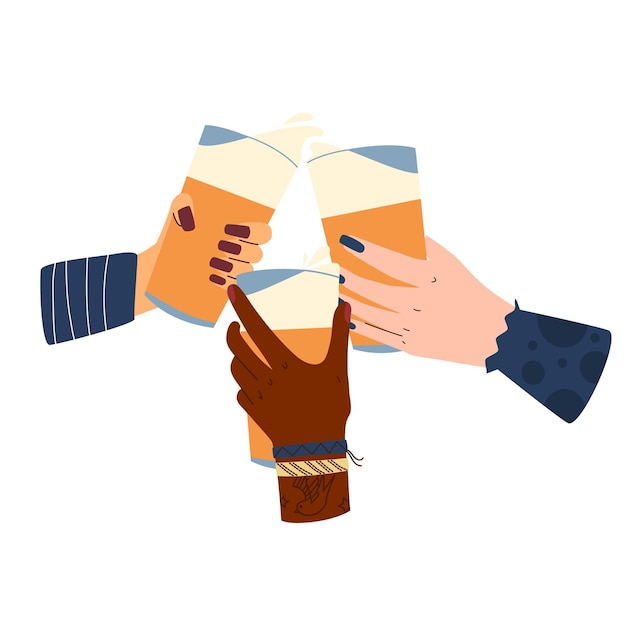 Vektor drei hände halten biergläser und klirren mit gläsern. feier, prost, kumpel. vektorillustration