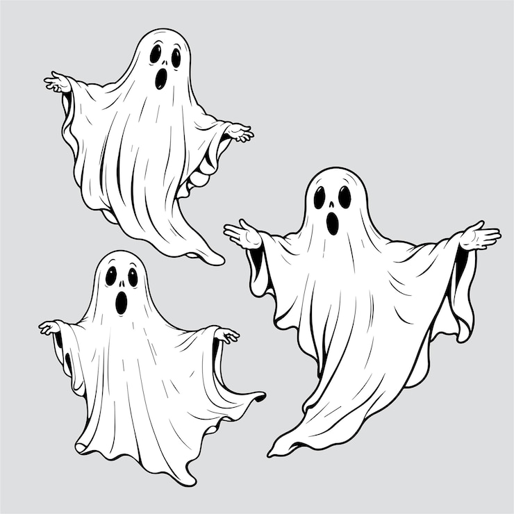 Vektor drei illustrationen von geister, gruselige, niedliche und klassische halloween-geister