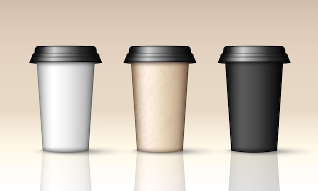 Drei Kaffeetassen mit schwarzem Deckel mockup 3D rendern weiße, braune und schwarze Pappbecher für heiße Getränke