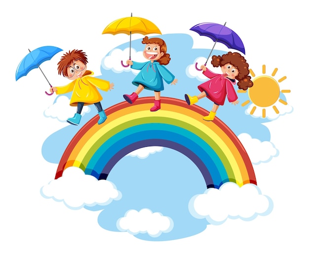 Drei kinder, die auf regenbogen im himmel gehen