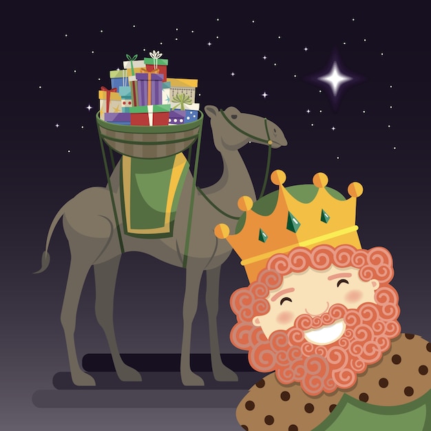 Vektor drei könige selfie mit könig caspar, kamel und geschenken in der nacht