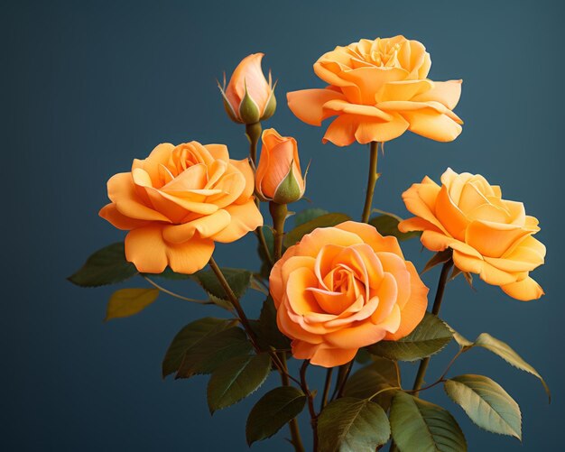 Vektor drei orangefarbene rosen stehen in einer vase auf blauem hintergrund