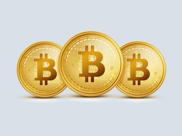 Drei realistische virtuelle goldene Bitcoin-Münzen