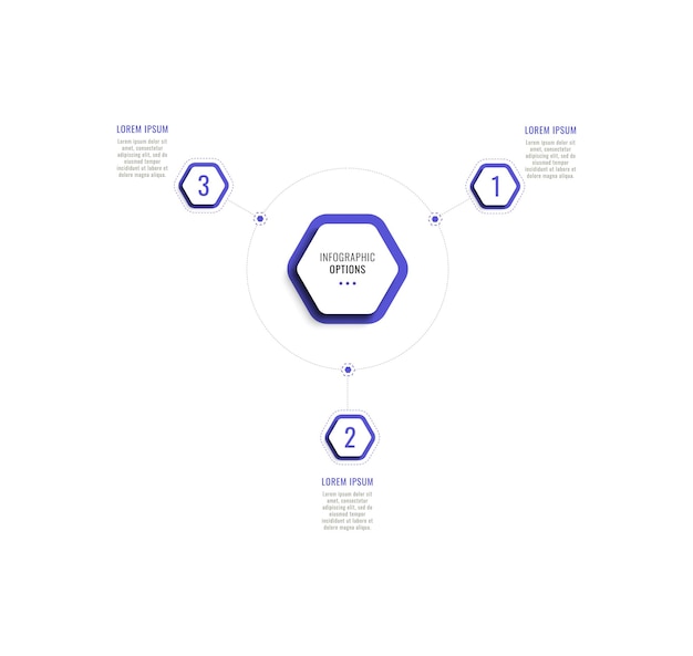 Drei schritte kreisförmige infografik-vorlage mit violetten sechseckigen elementen auf weißem hintergrund