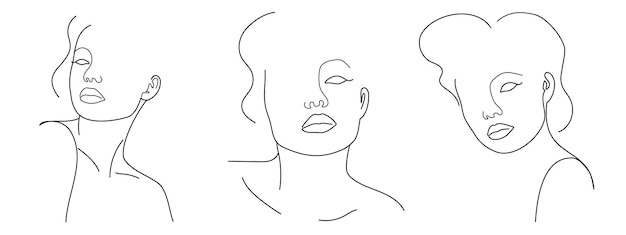 Drei trendige Modekonturen zeichnen lineart Porträts von schönen Mädchen abstrakten Gesichtsminimalismus