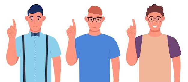 Drei verschiedene junge Männer, die beim Stehen und Lächeln auf den Finger zeigen. Konzept einer großartigen Idee. Vektor-Illustration.