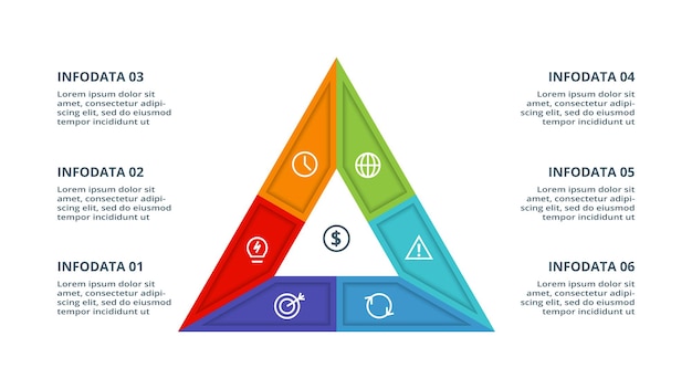 Dreieck mit 6 elementen infografik-vorlage für web-business-präsentationen vektorillustration visualisierung von geschäftsdaten