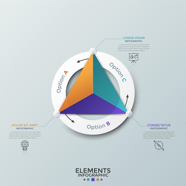 Dreieck unterteilt in 3 bunte teile innerhalb eines weißen papierrings, dünne liniensymbole und textfelder. zyklisches diagramm mit drei optionen. moderne infografik-design-vorlage. vektor-illustration.