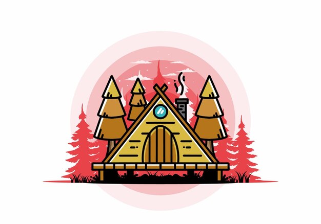 Dreieckige holzhütte zwischen pinienbäumen, illustrationsdesign