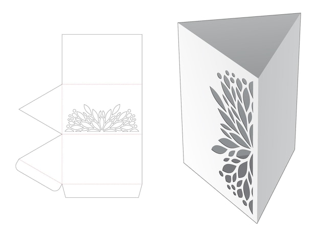 Vektor dreieckige schreibwarenbox mit gestanzter mandala-schablone und 3d-modell