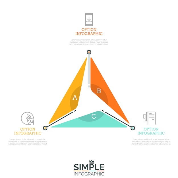 Dreieckiges diagramm, unterteilt in sektoren mit 3 buchstaben und umgeben von dünnen liniensymbolen und textfeldern. drei vorteile des unternehmenskonzepts.