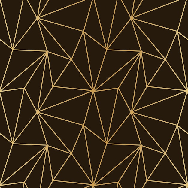 Dreieckmosaik aus dünnen goldenen Linien auf einem dunklen, luxuriösen Hintergrund, nahtloses Muster für Packpapiertextilien
