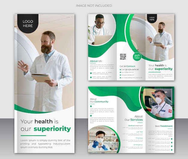 Vektor dreifach gefaltete broschürenvorlage für moderne medizinische behandlung im gesundheitswesen
