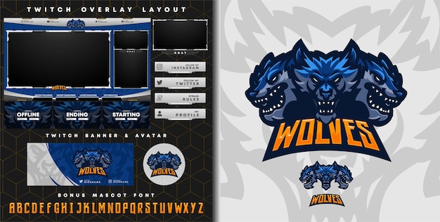 Dreiköpfiges wolf-logo für e-sport-gaming-maskottchen-logo und zuckende overlay-vorlage