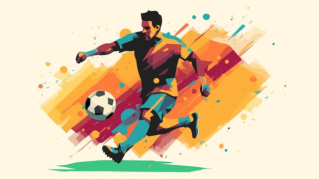 Dribbelnder Fußballspieler mit Fußball-Ball im flachen Kunststil, bunte Poster-Vektorillustration