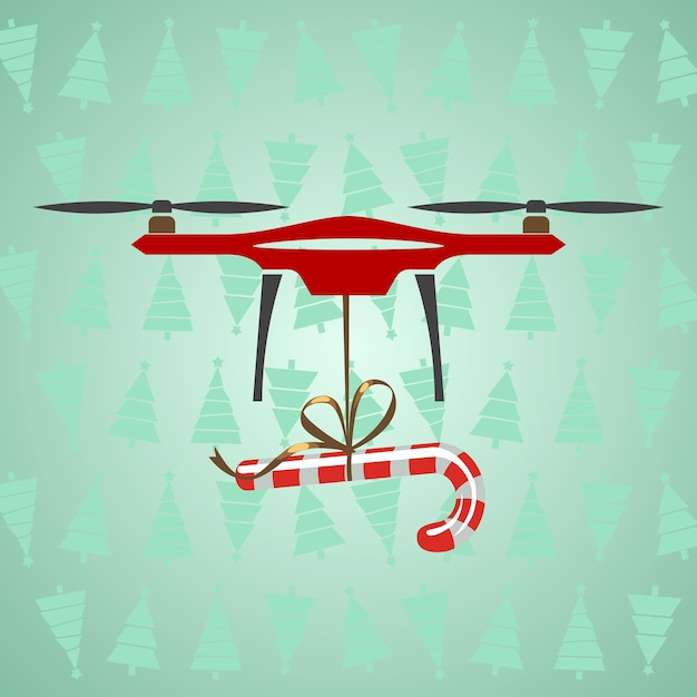Drone delivery candy moderne lieferung von geschenken für weihnachten grüner hintergrund mit weihnachtsbaum