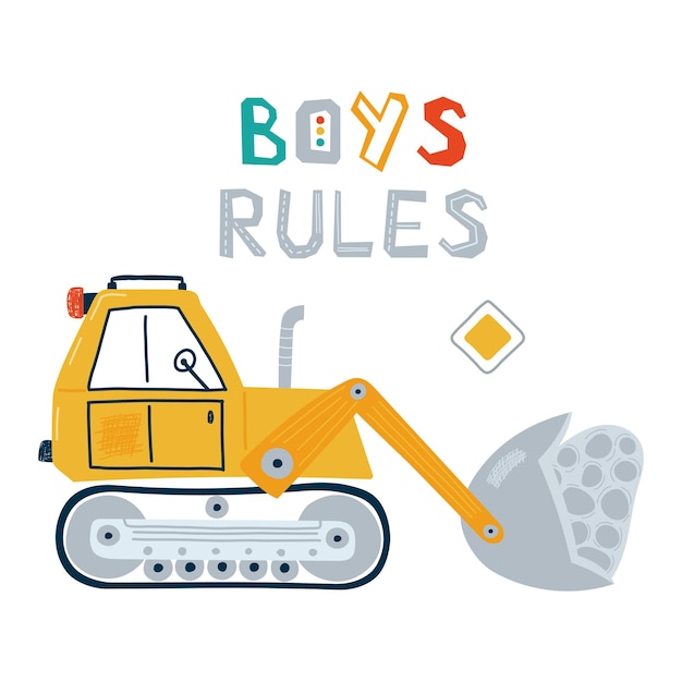 Vektor druck mit süßem baufahrzeug in pastellfarben mit schriftzug boys rules illustration gelber bulldozer im flachen stil für kinder vektor