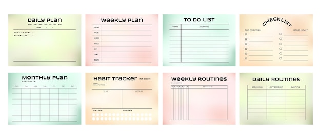 Druckbarer wöchentlicher monatsplaner, notizblock, memo, habit tracker, gradient journal template set