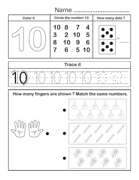 Druckbares arbeitsblatt zum nachzeichnen von nummer 10 zum üben des zählens und schreibens im kindergartenschüler