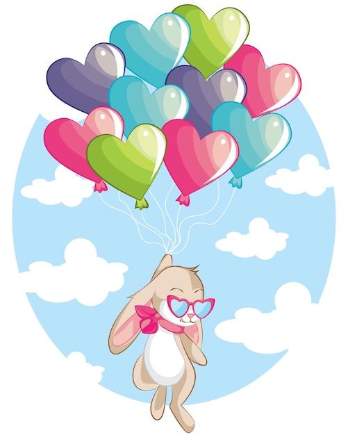 Drucken little bunny fly with love balloon süße handgezeichnete elemente und design für kinderzimmer-design, poster, geburtstagsgrußkarte