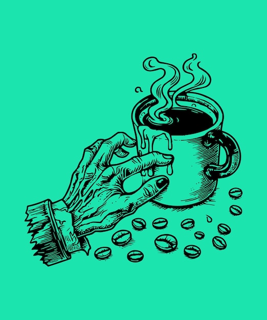 Drucken sie zombiehand kaffee hand gezeichnet farbe vektor doodle illustration
