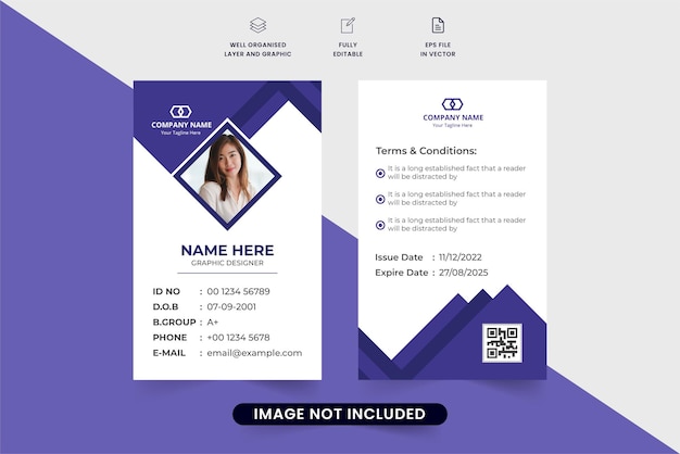 Druckfertiges Personalausweisdesign für Unternehmen oder akademische Organisationen Minimaler Vorlagenvektor für Unternehmensausweise mit geometrischen Formen und violetten Farben Persönliches Personalausweisdesign für Unternehmen