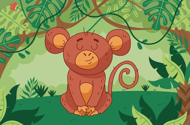 Dschungel-Affen auf einer Palme im Dschungelwald Flachstil-Konzept Vektor-Grafik-Design-Illustration