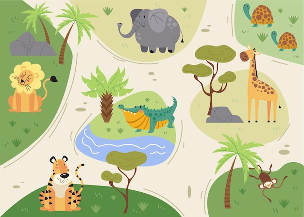 Dschungel Afrika Safari Tierpark Plan Karte abstraktes Konzept Grafikdesign Illustration