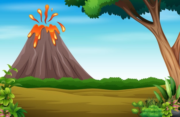 Dschungel-Hintergrund mit Vulkanausbruch-Illustration