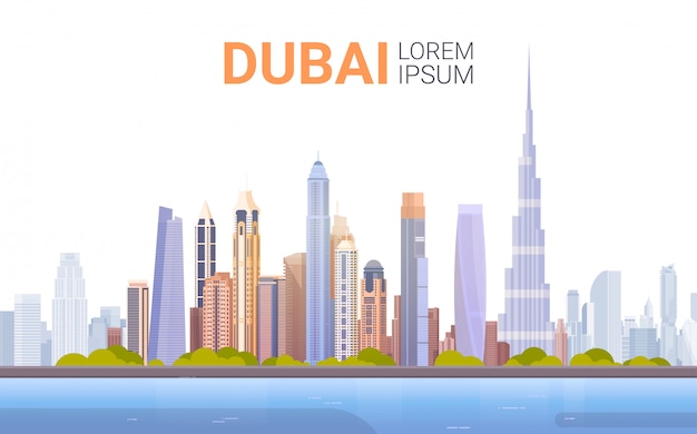 Vektor dubai-skyline-panorama, moderne gebäude-stadtbild-geschäftsreise und tourismus-konzept