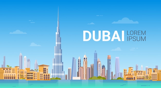 Dubai-Skyline-Panorama, moderne Gebäude-Stadtbild-Geschäftsreise und Tourismus-Konzept