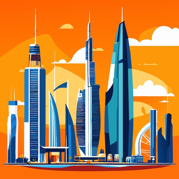 Vektor dubai stadt wolkenkratzer flache zeichentrickfilm-stil illustration