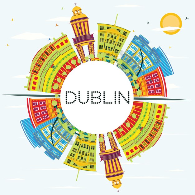Dublin-skyline mit farbigen gebäuden, blauem himmel und textfreiraum. vektor-illustration. geschäftsreise- und tourismuskonzept mit historischer architektur. bild für präsentation und banner.