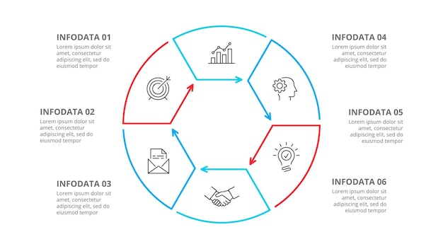 Vektor dünn-flach-linie-element für die infografik geschäftskonzept mit 6 optionen teile schritte oder prozesse