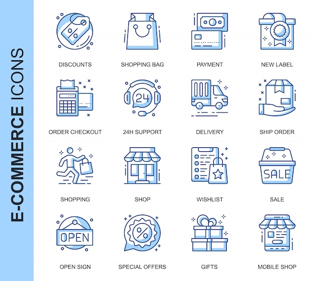 Dünne linie e-commerce in verbindung stehende ikonen eingestellt