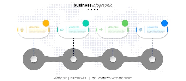 Vektor dünne linie, flacher prozess. geschäftsinfografik mit 4 optionspfeilen. vektorlineare elemente für pre