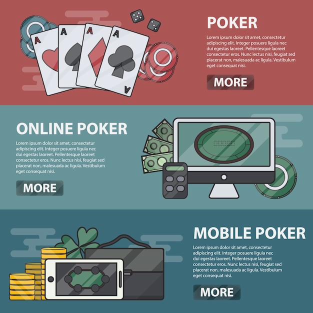 Dünne linie horizontale banner von online- und mobile-poker. geschäftskonzept von casino, glücksspiel und geldspiel. satz von pokerelementen.