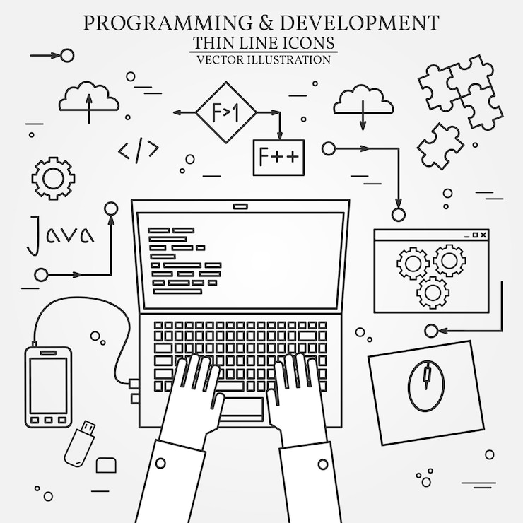 Vektor dünnes liniendesign der drahtlosen kommunikation der cloud-computing-technologie
