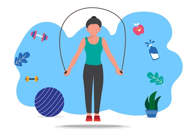 Dünnes Mädchen, das mit Springseil trainiert Eine Frau in Sportbekleidung bewegt und springt freudig Vektorillustration